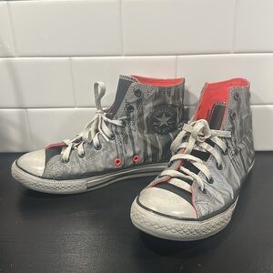 Converse Gray and Red High-Top Sneakers with Vintage Style